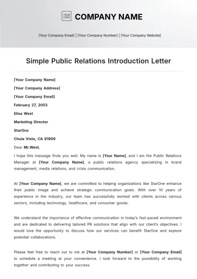 Free Simple Public Relations Introduction Letter Template to Edit Online