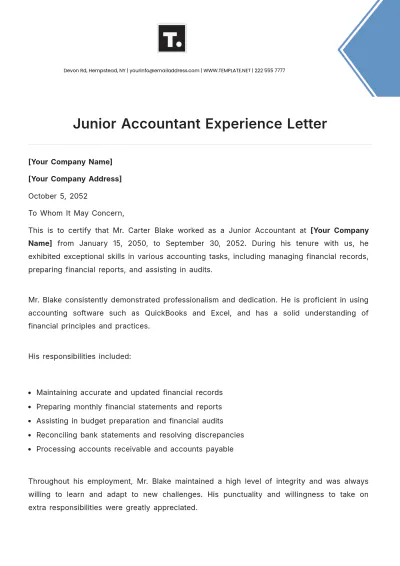 Free Junior Accountant Experience Letter Template to Edit Online