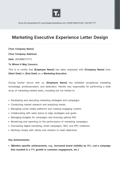 Free Marketing Executive Experience Letter Design Template to Edit Online