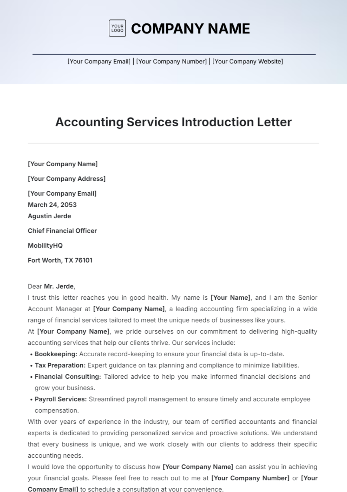 Accounting Services Introduction Letter Template