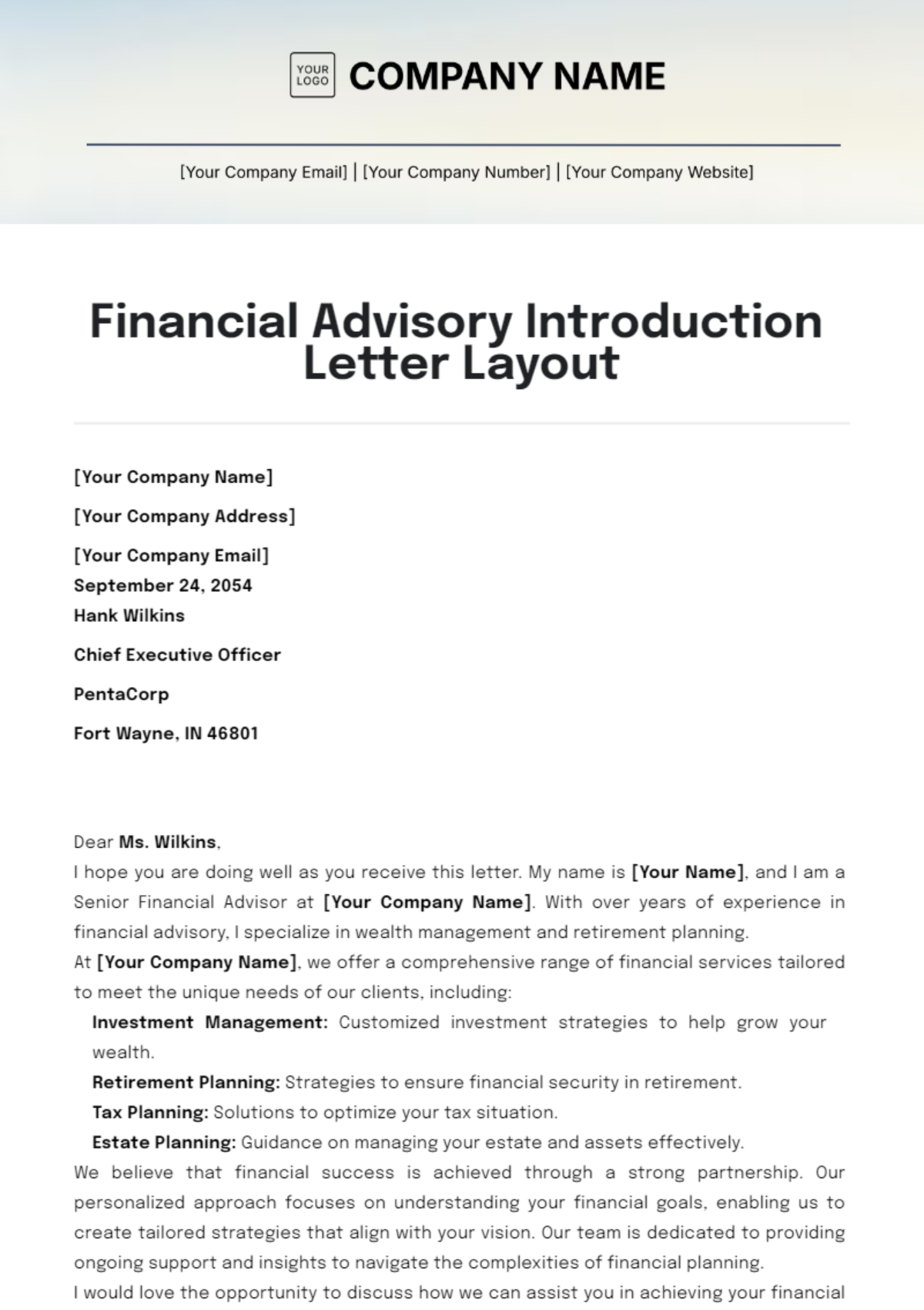 Financial Advisory Introduction Letter Layout Template