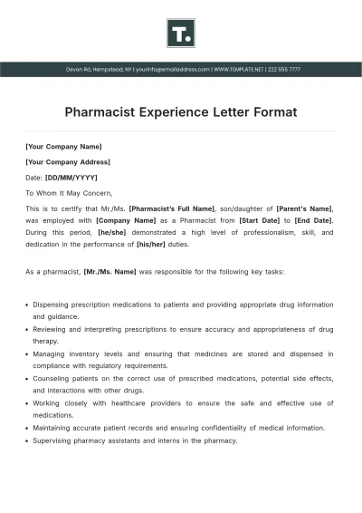 Free Pharmacist Experience Letter Format Template to Edit Online