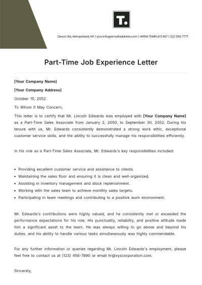 Free Part-Time Job Experience Letter Template to Edit Online