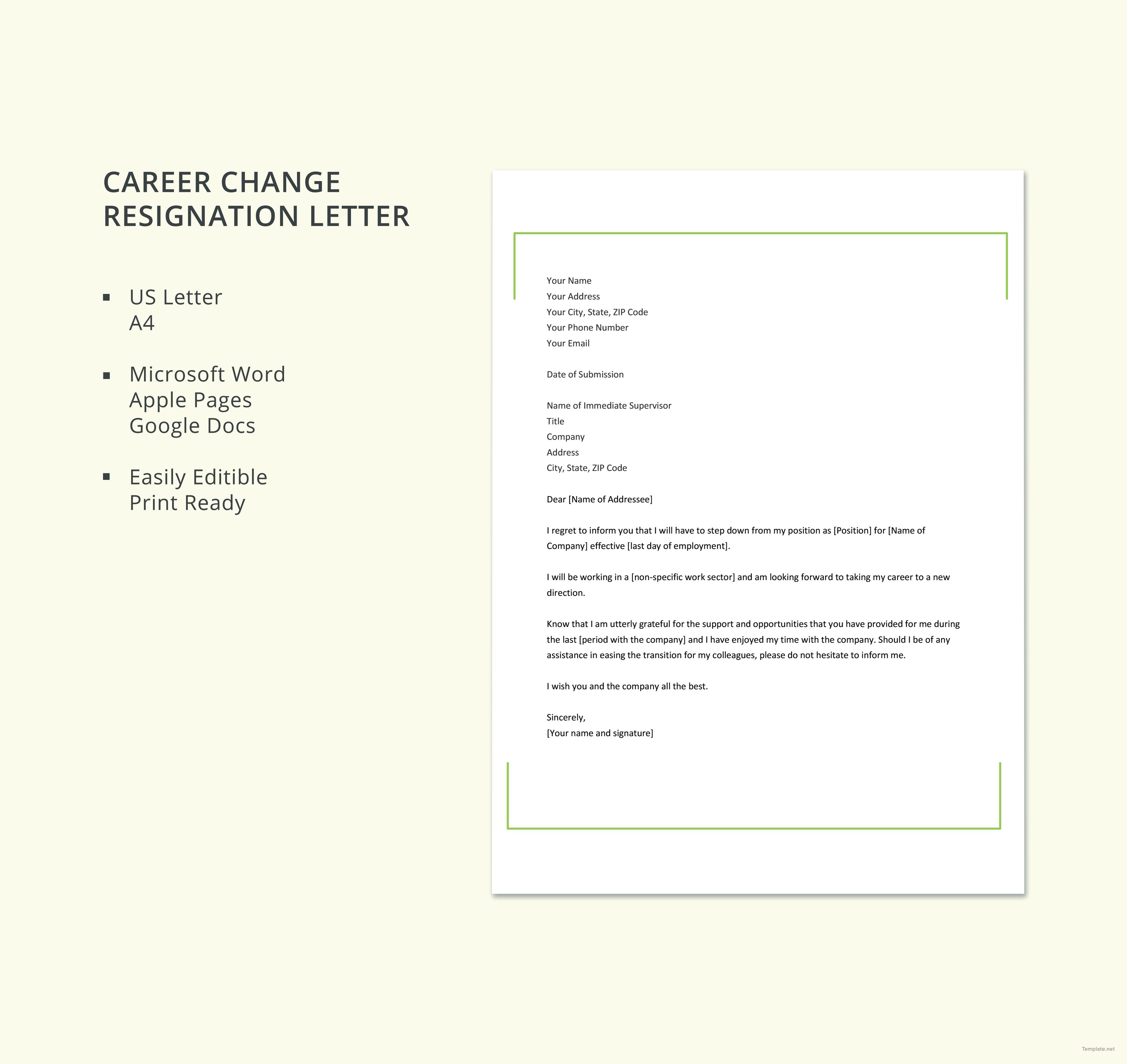 Free Career Change Resignation Letter Template in