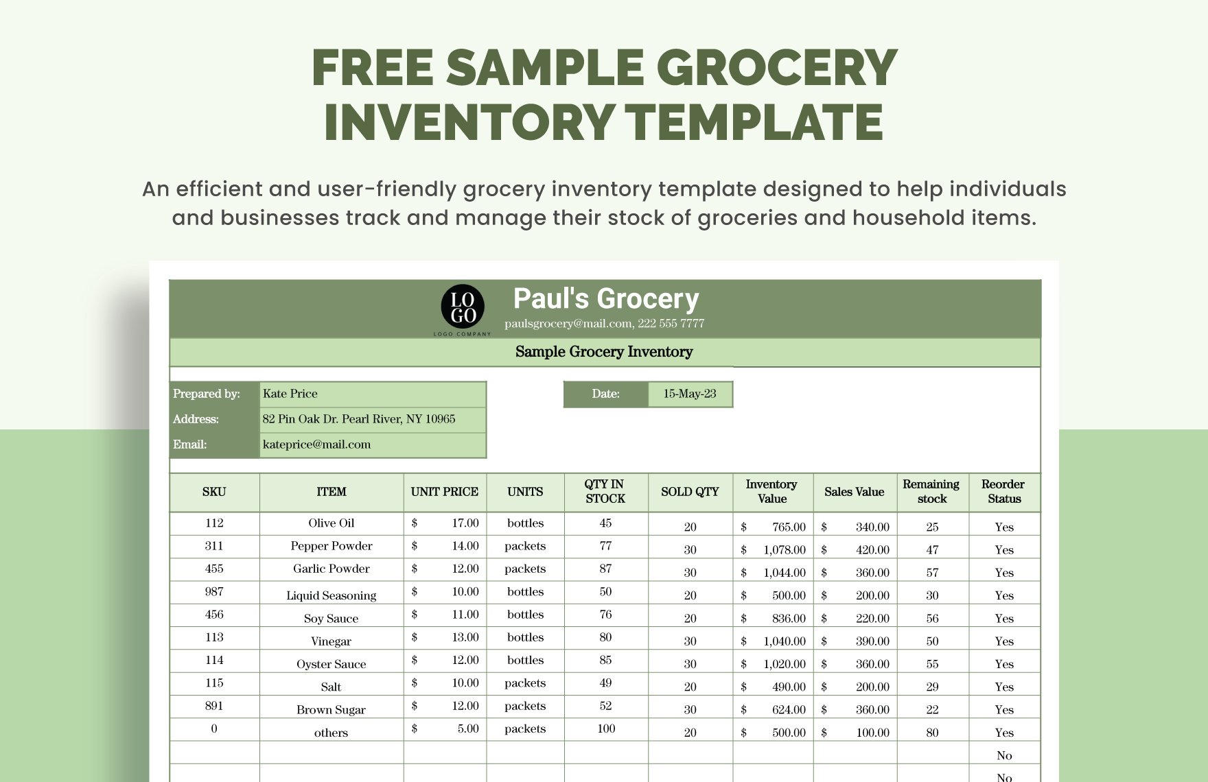 Free Sample Grocery Inventory Template