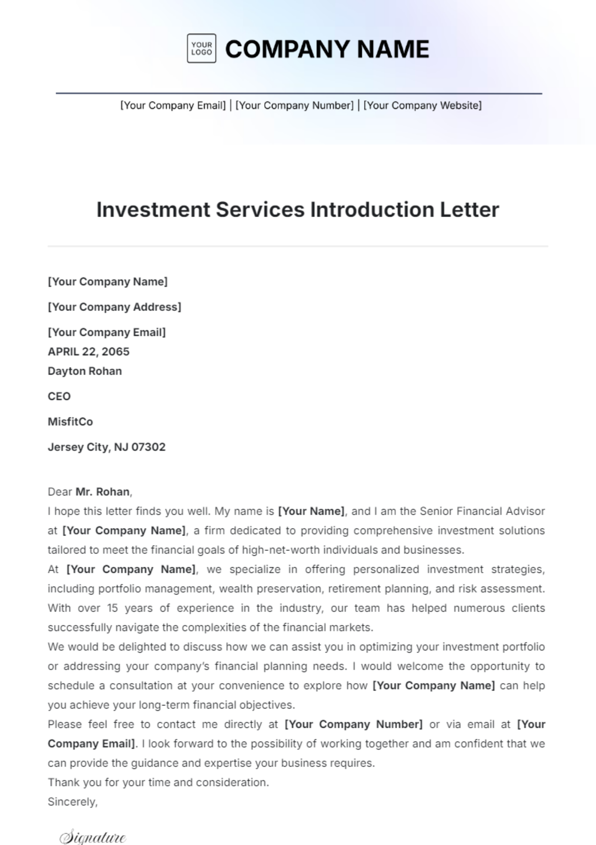 Investment Services Introduction Letter Template