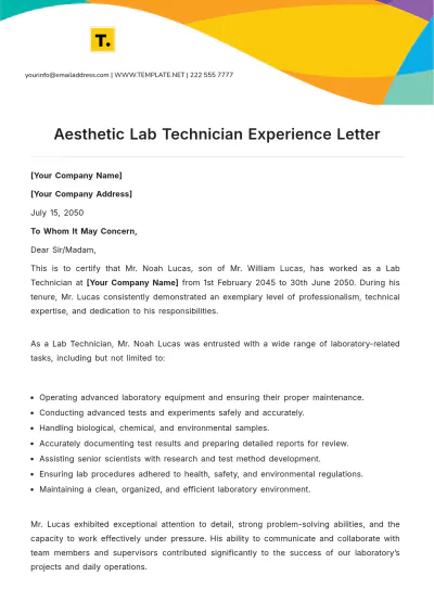 Free Aesthetic Lab Technician Experience Letter Template to Edit Online