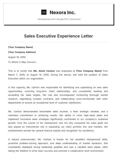 Free Sales Executive Experience Letter Template to Edit Online