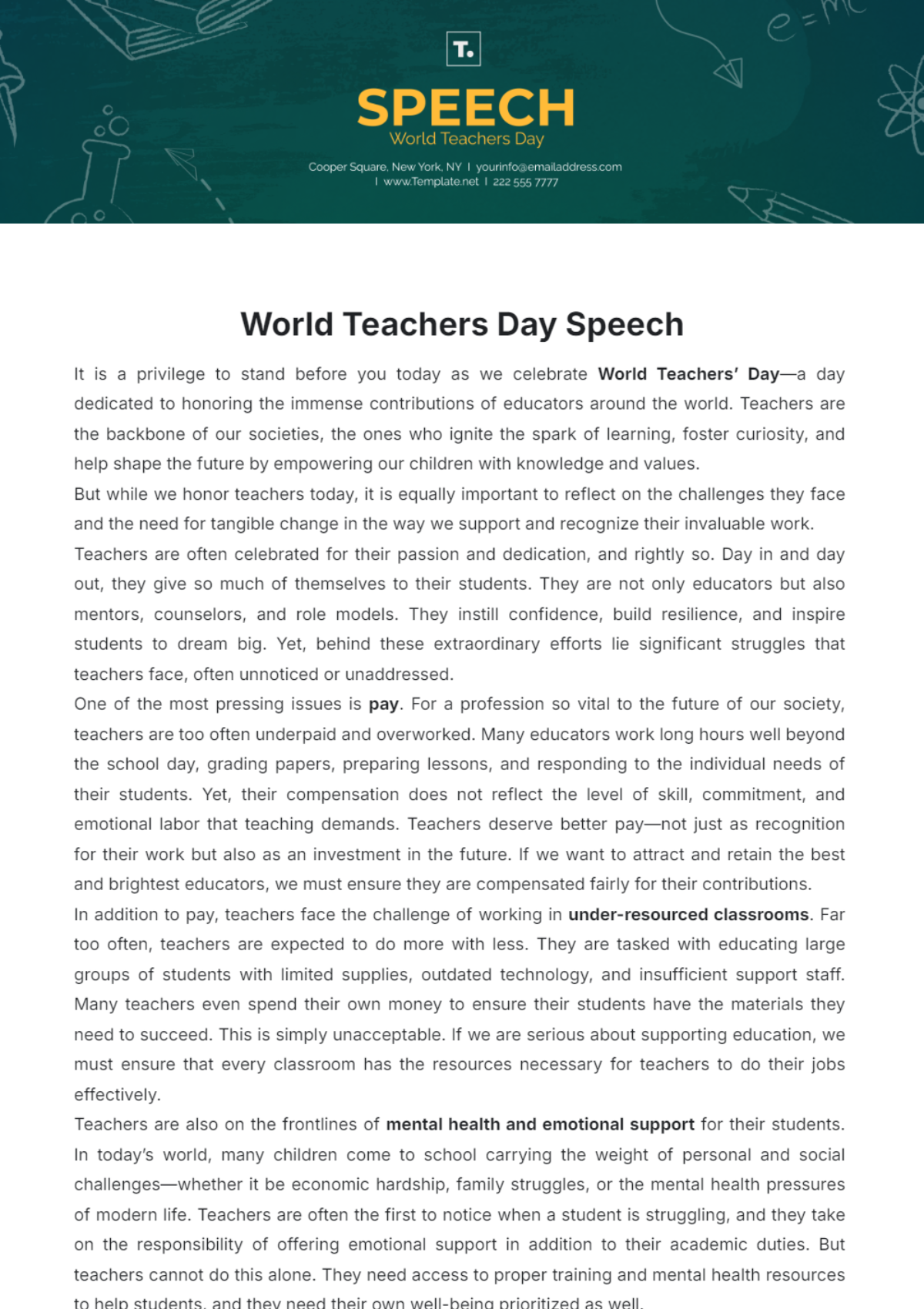 World Teachers' Day Speech Template - Edit Online & Download