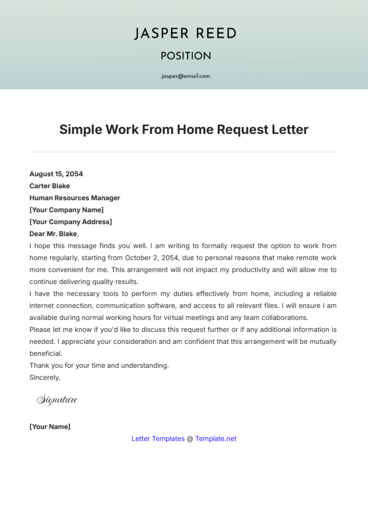 Simple Work From Home Request Letter Template