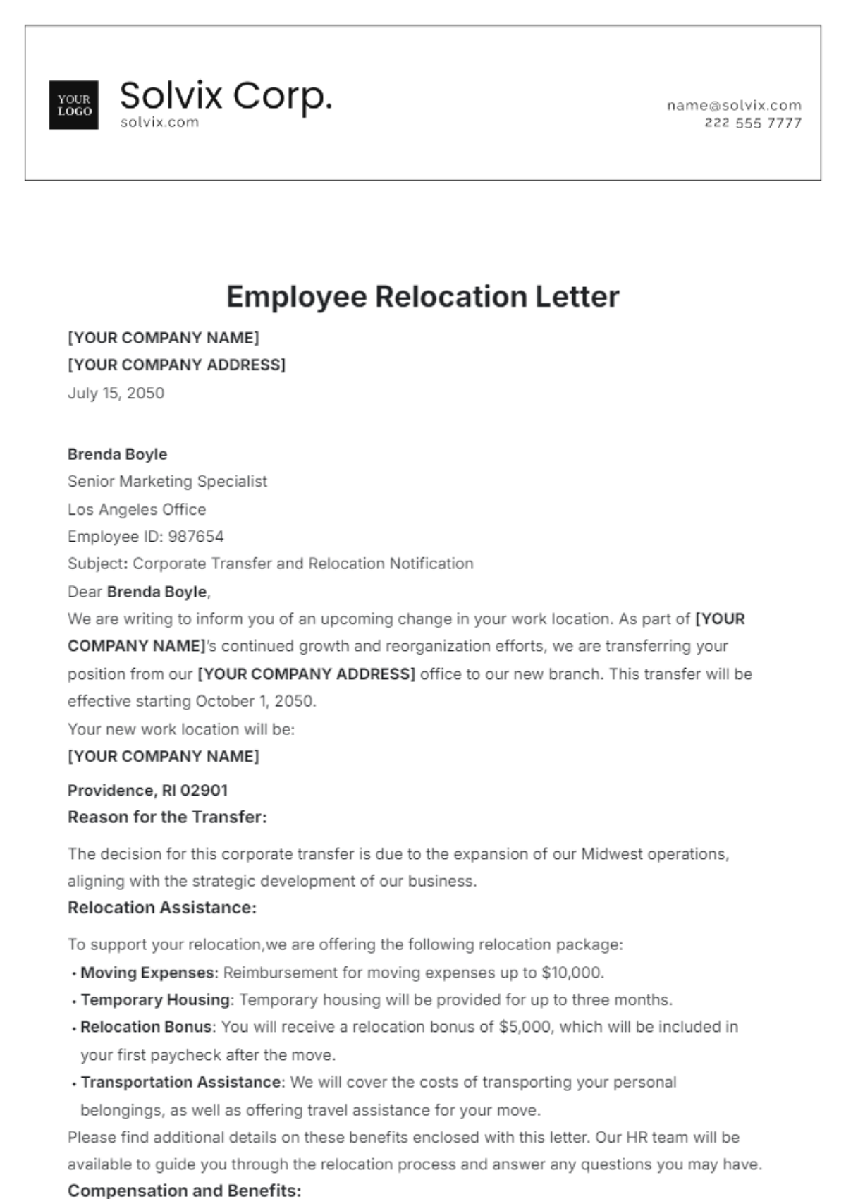 Employee Relocation Letter Template