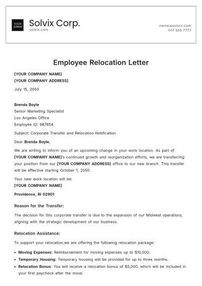 Free Employee Relocation Letter Template to Edit Online