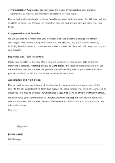 Free Employee Relocation Letter Template to Edit Online