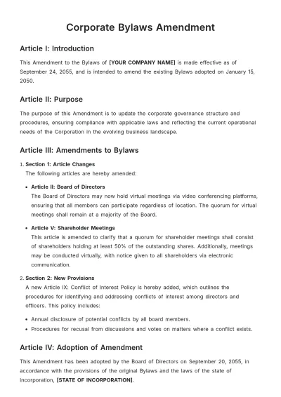 Free Corporate Bylaws Amendment Template to Edit Online