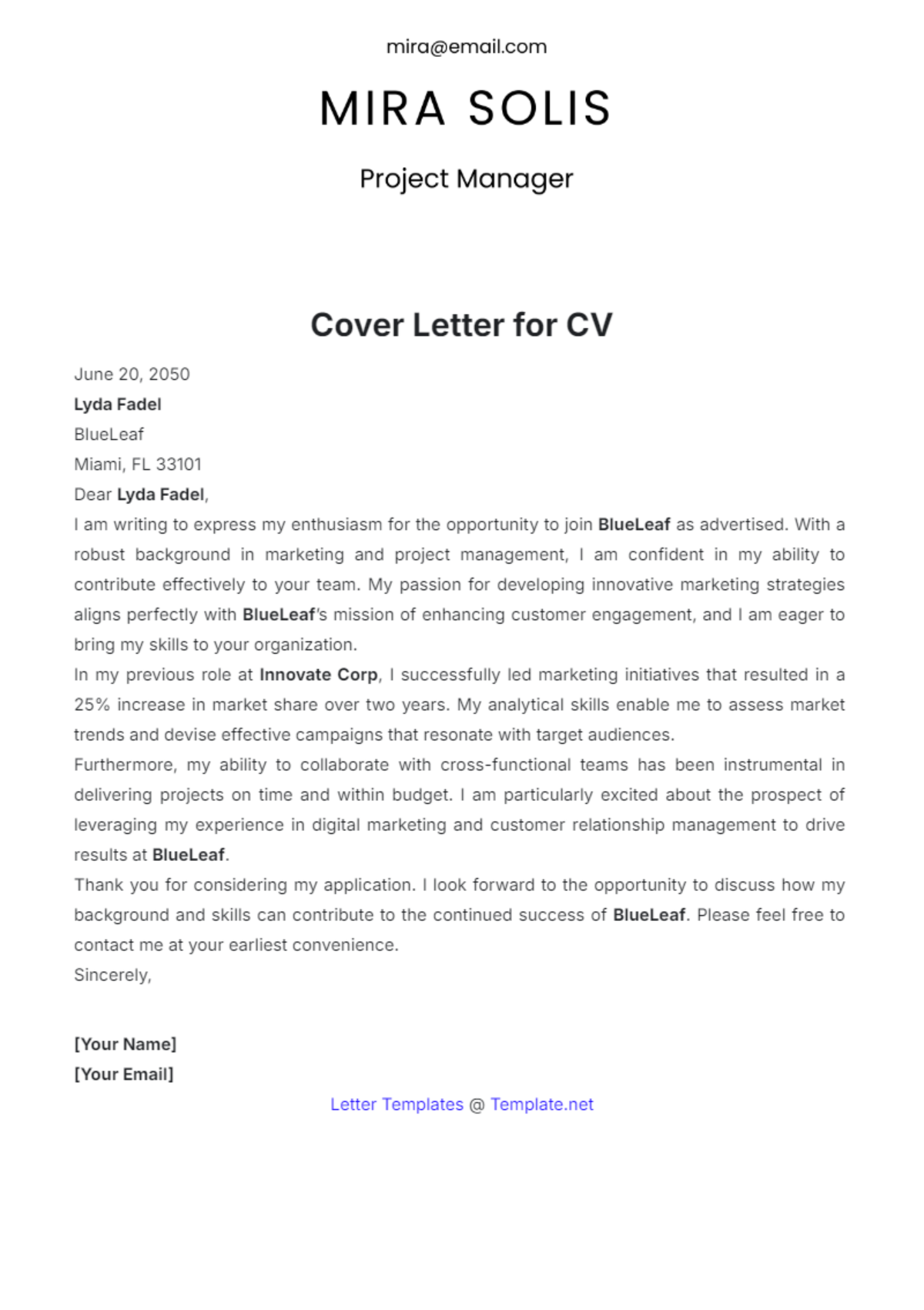 Free Cover Letter for CV Template