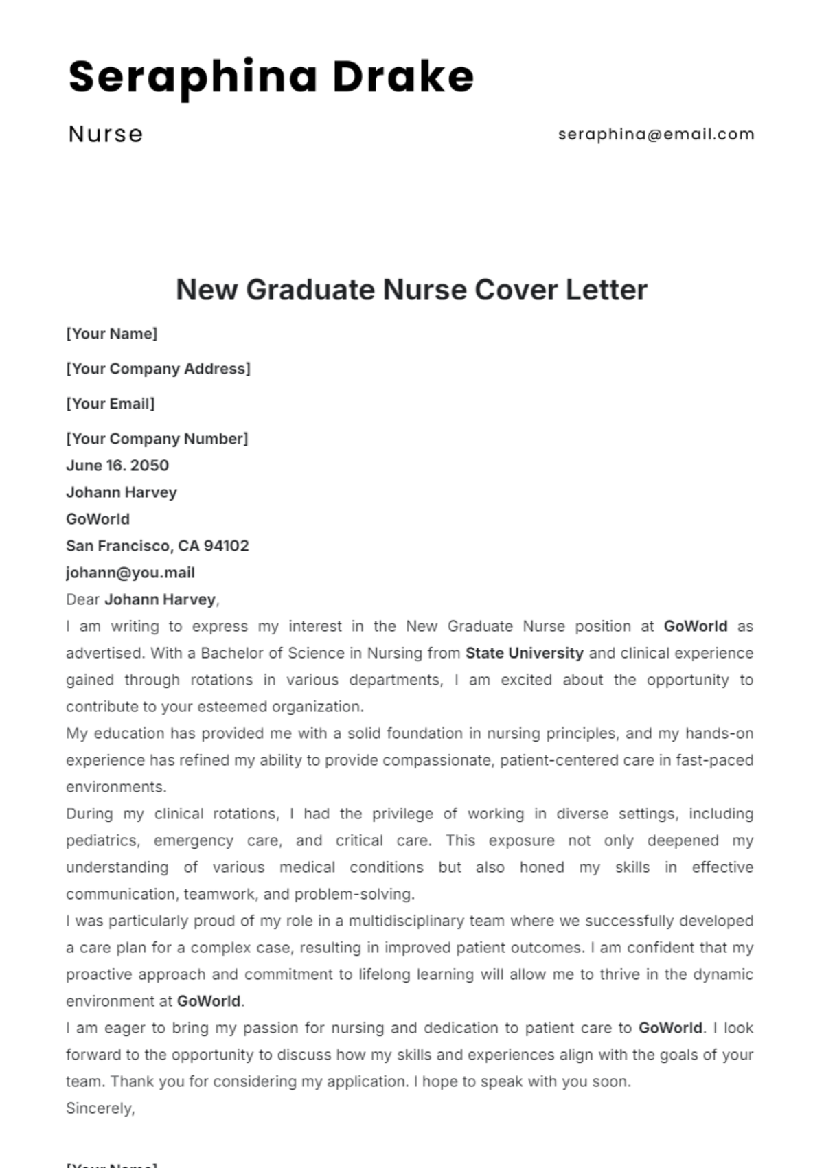 Free New Graduate Nurse Cover Letter Template