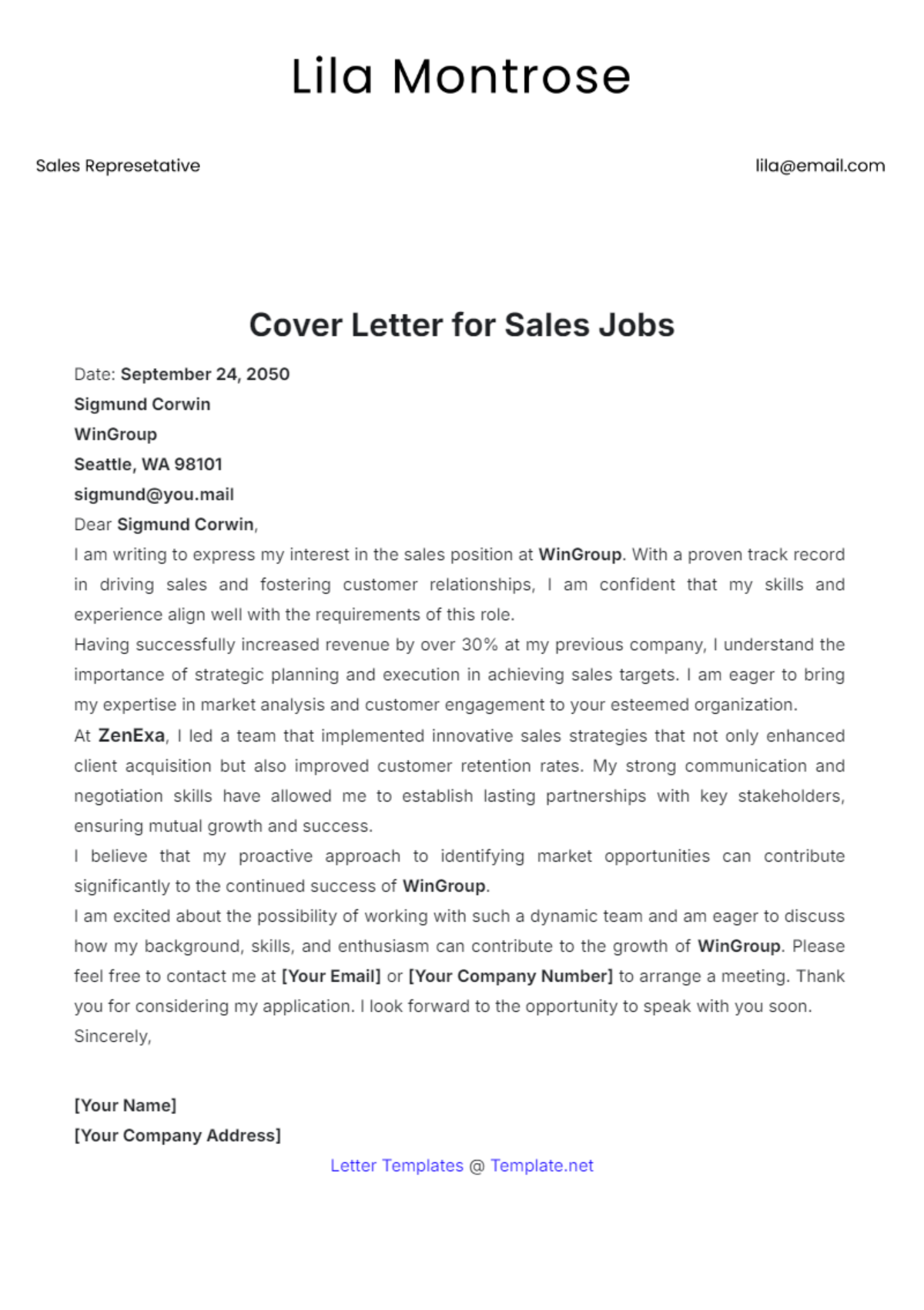 Cover Letter for Sales Jobs Template - Edit Online & Download