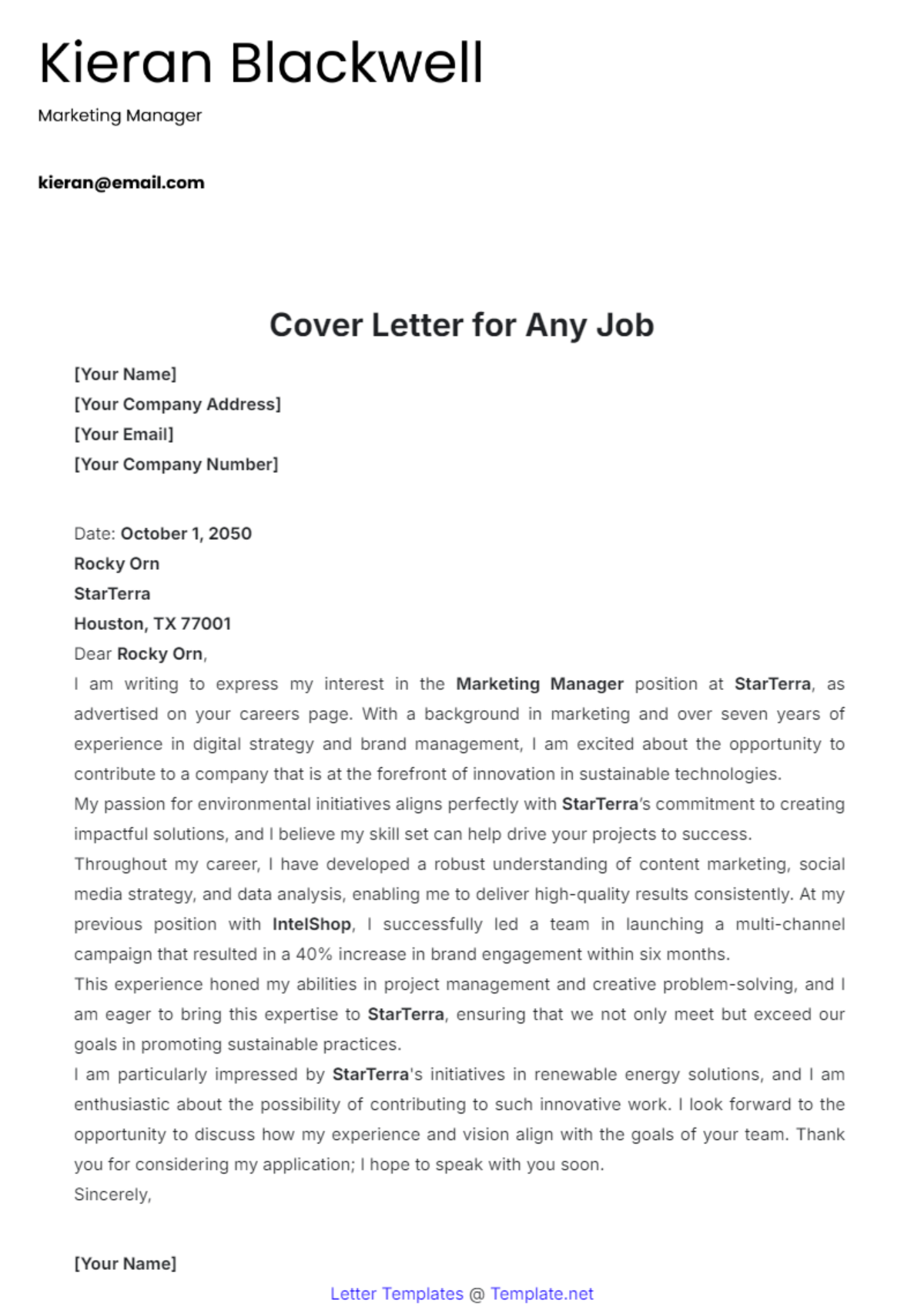 Cover Letter for Any Job Template - Edit Online & Download