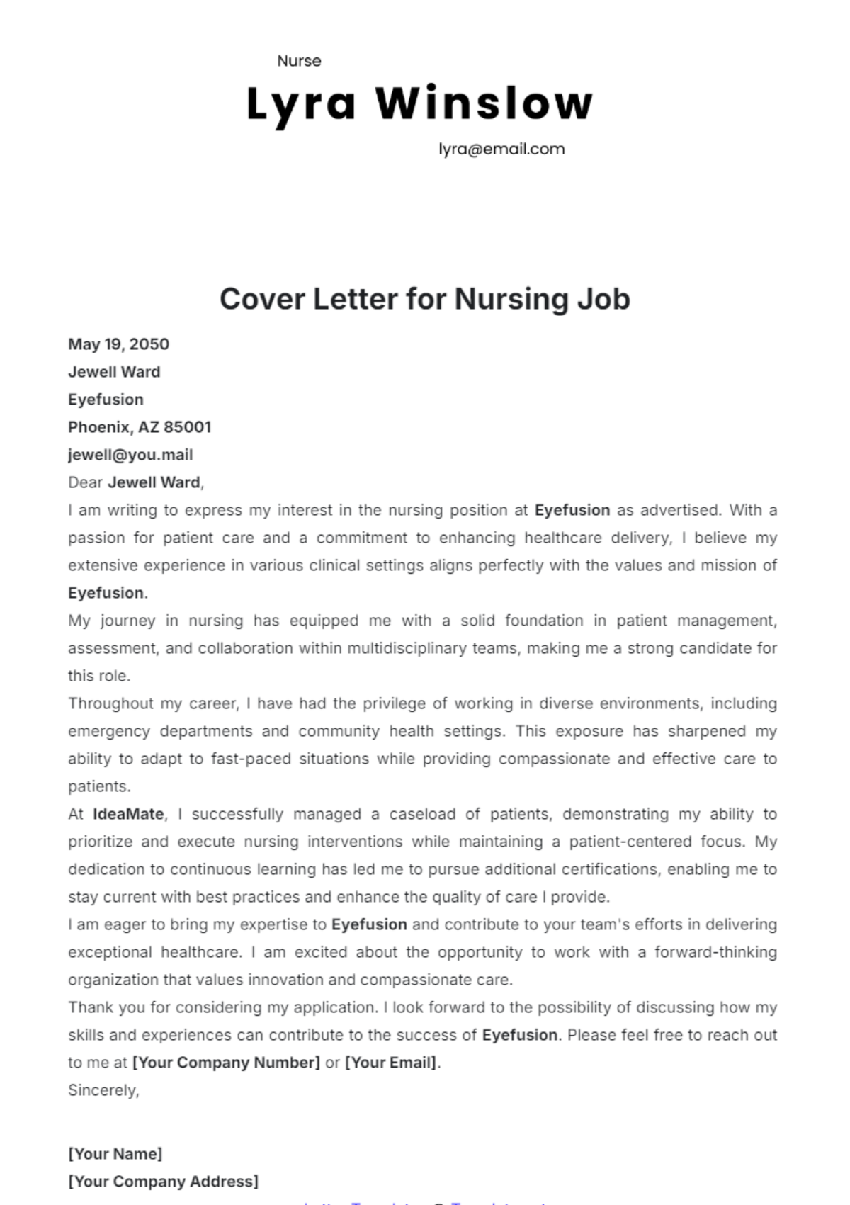 Free Cover Letter for Nursing Job Template