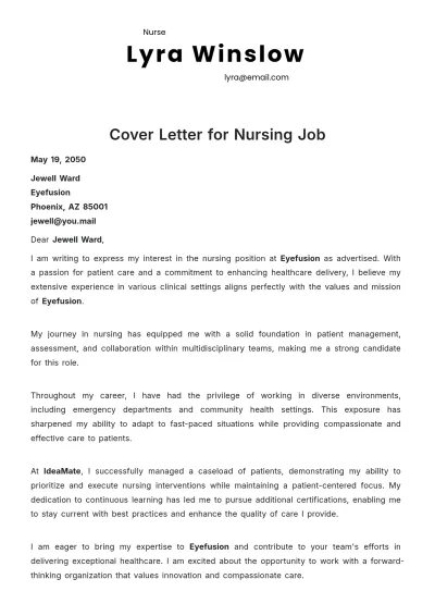 Free Cover Letter for Nursing Job Template to Edit Online