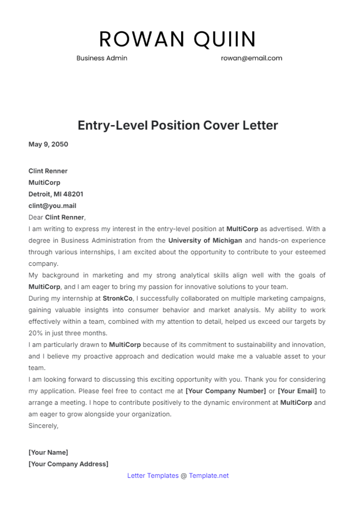 Entry-Level Job Cover Letter Template - Edit Online & Download