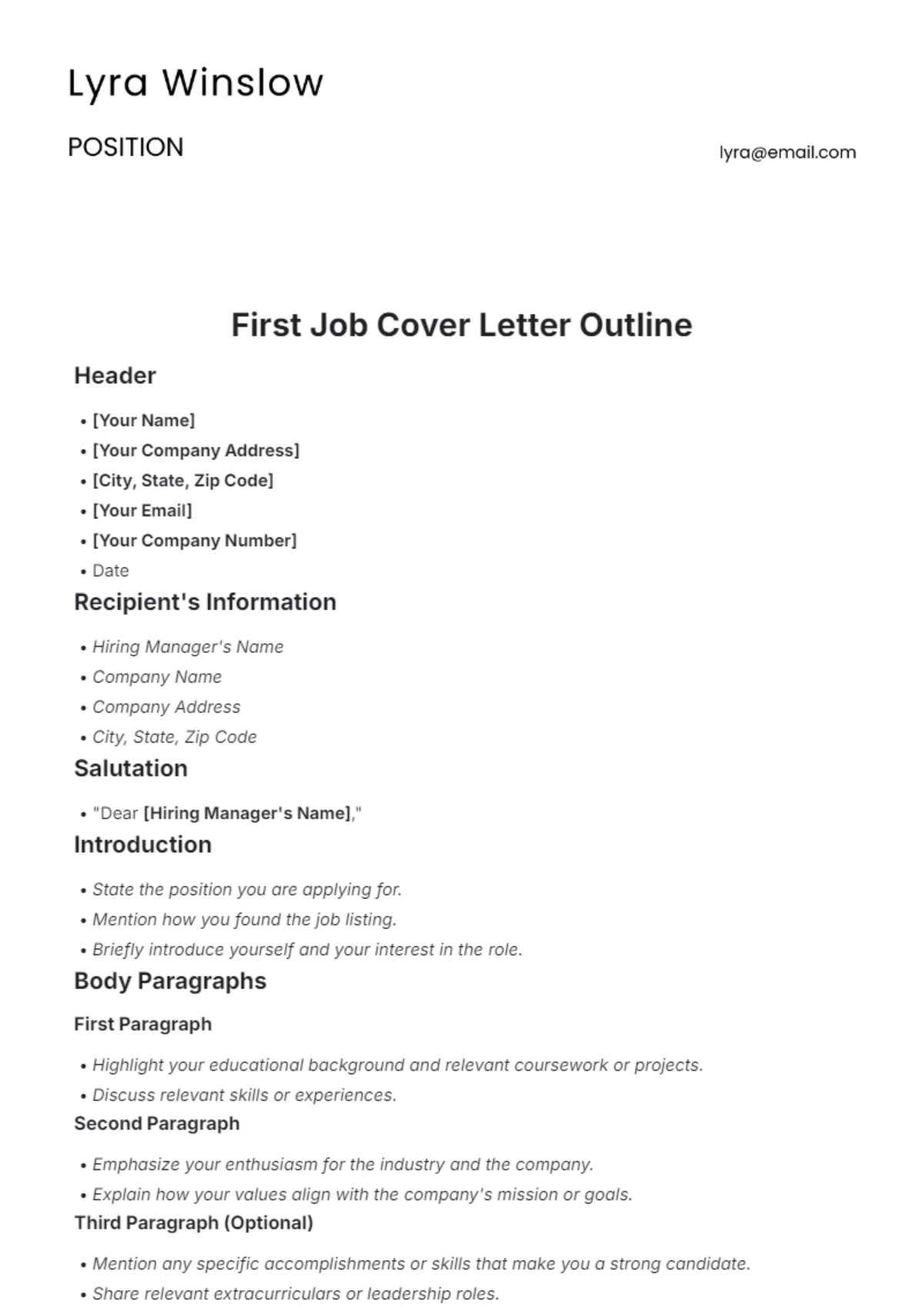 Free First Job Cover Letter Outline Template