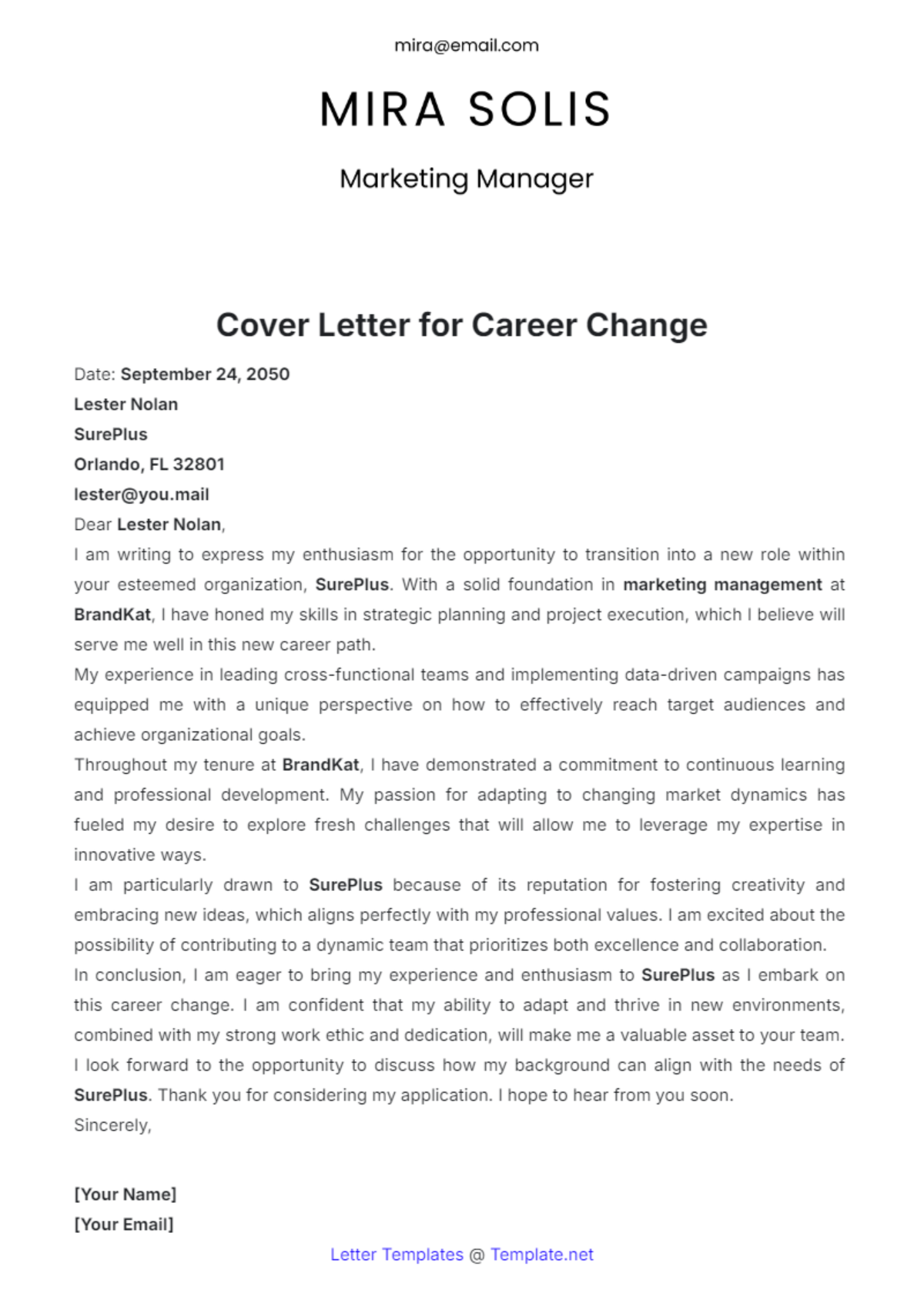 Free Cover Letter for Career Change Template