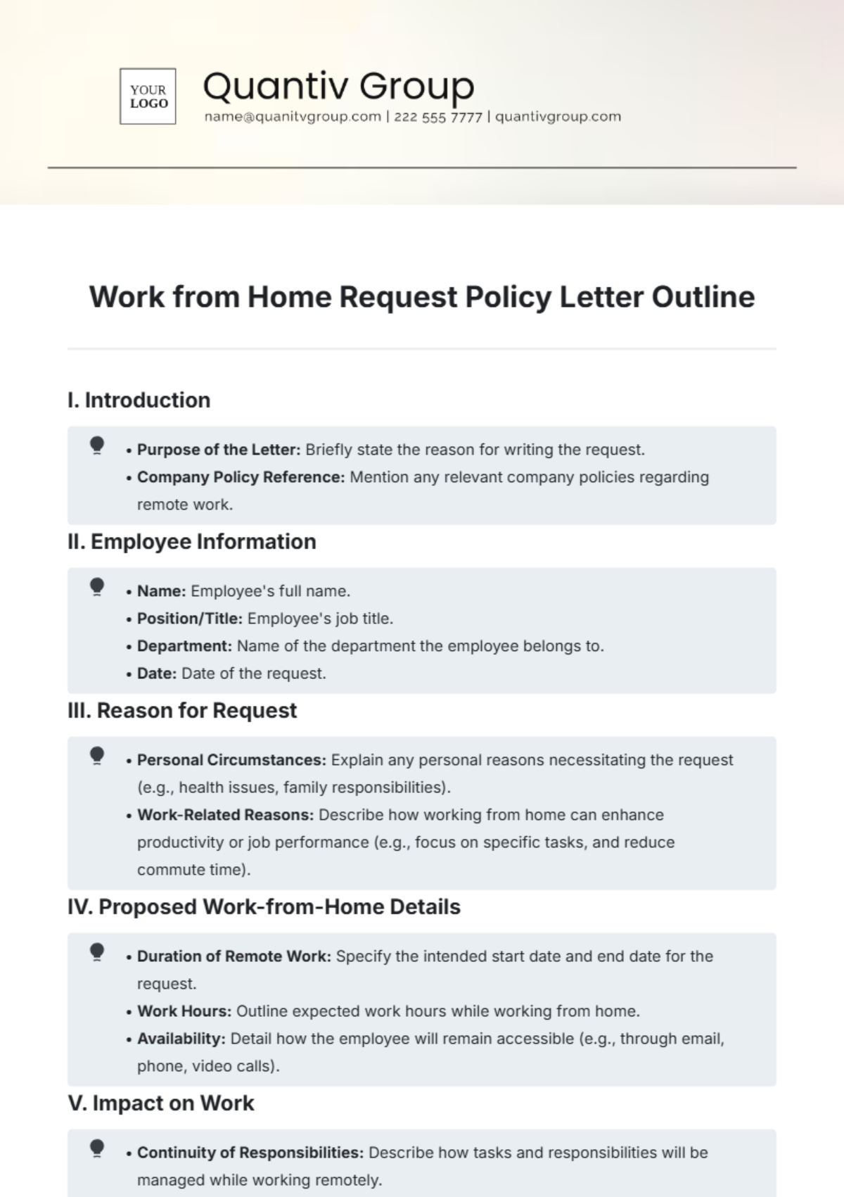 Work from Home Request Policy Letter Outline Template