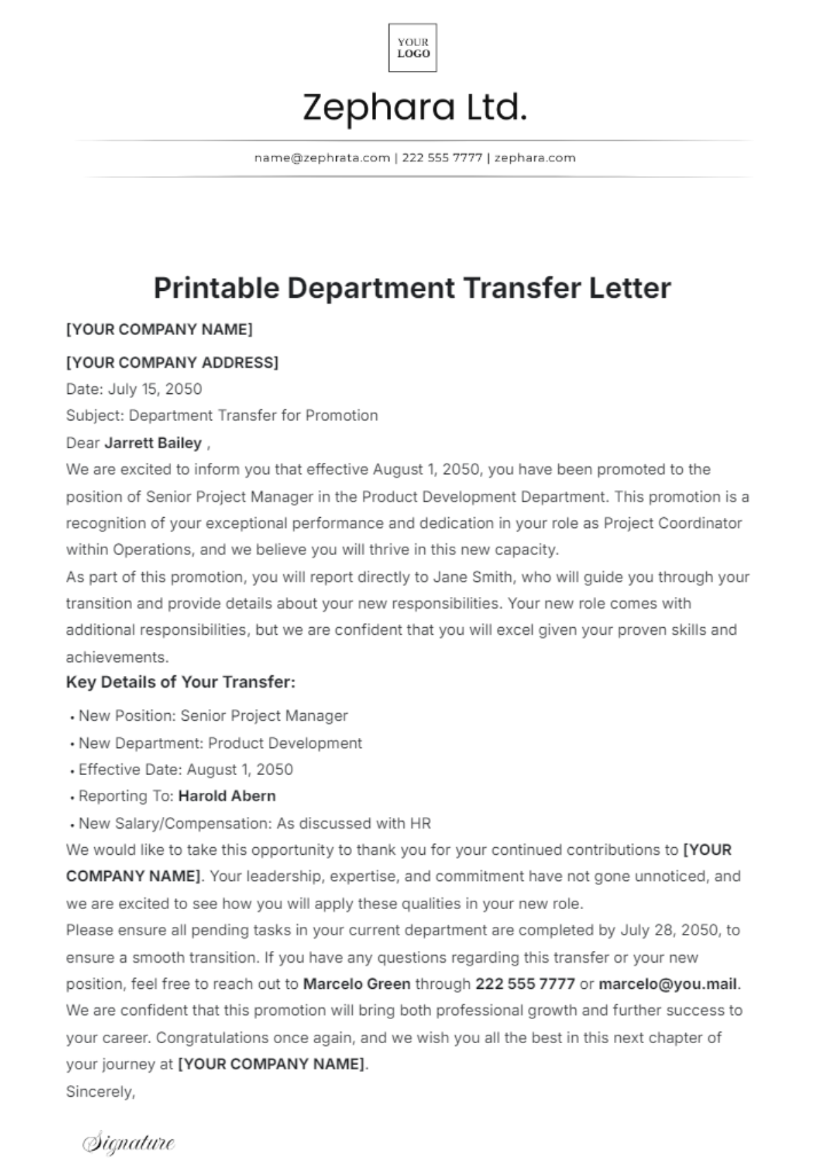 Printable Department Transfer Letter Template