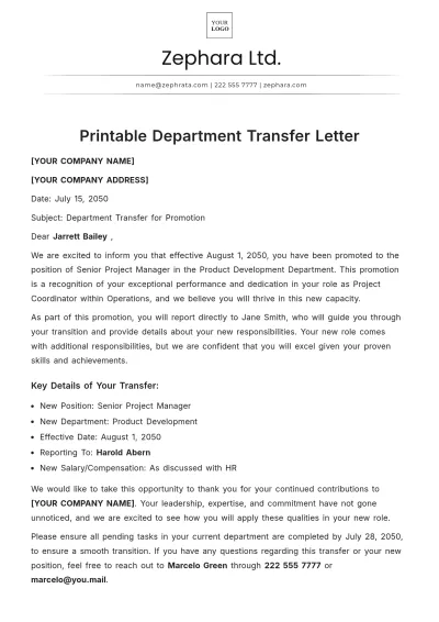 Free Printable Department Transfer Letter Template to Edit Online