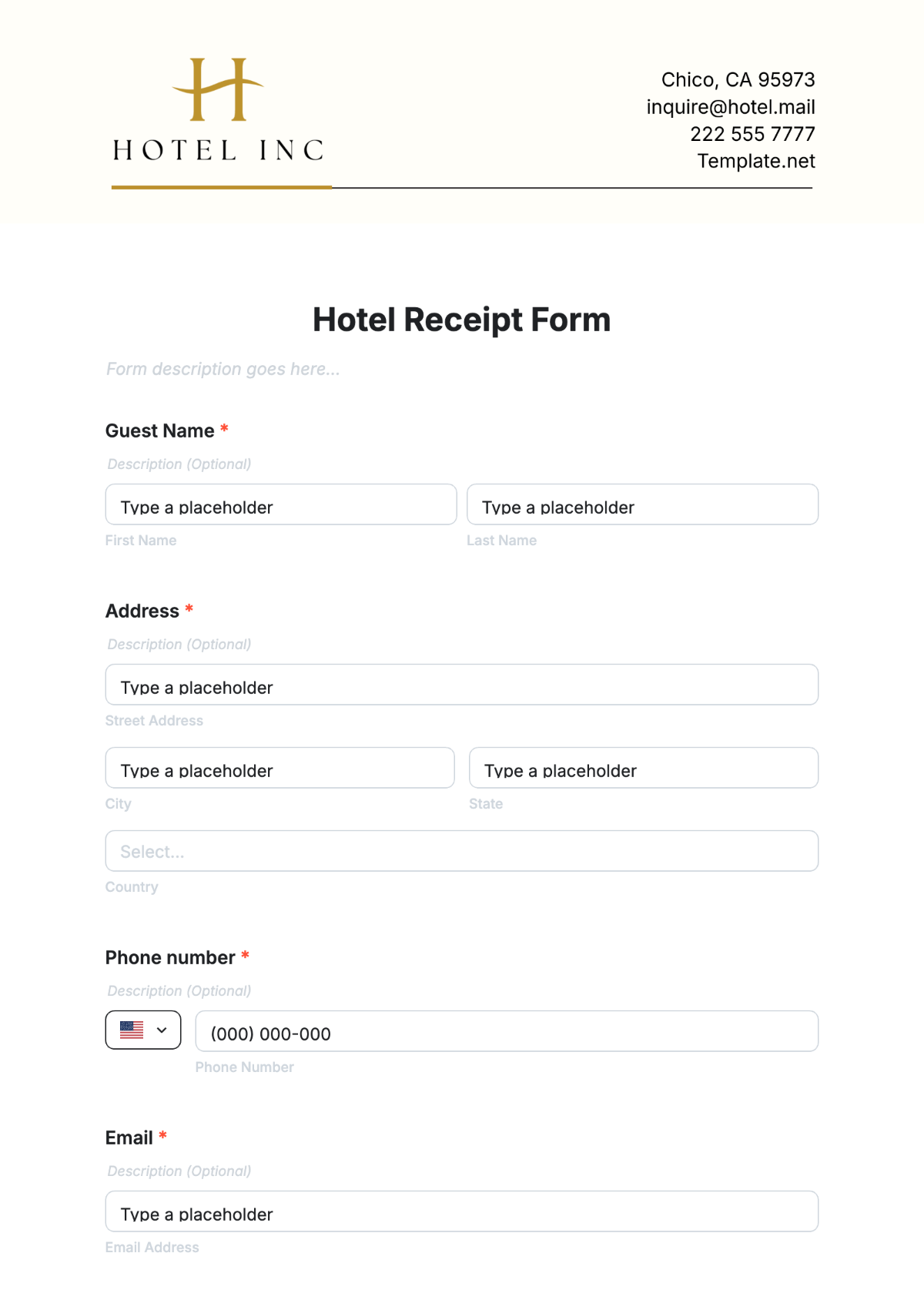 Hotel Receipt Form Template - Edit Online & Download