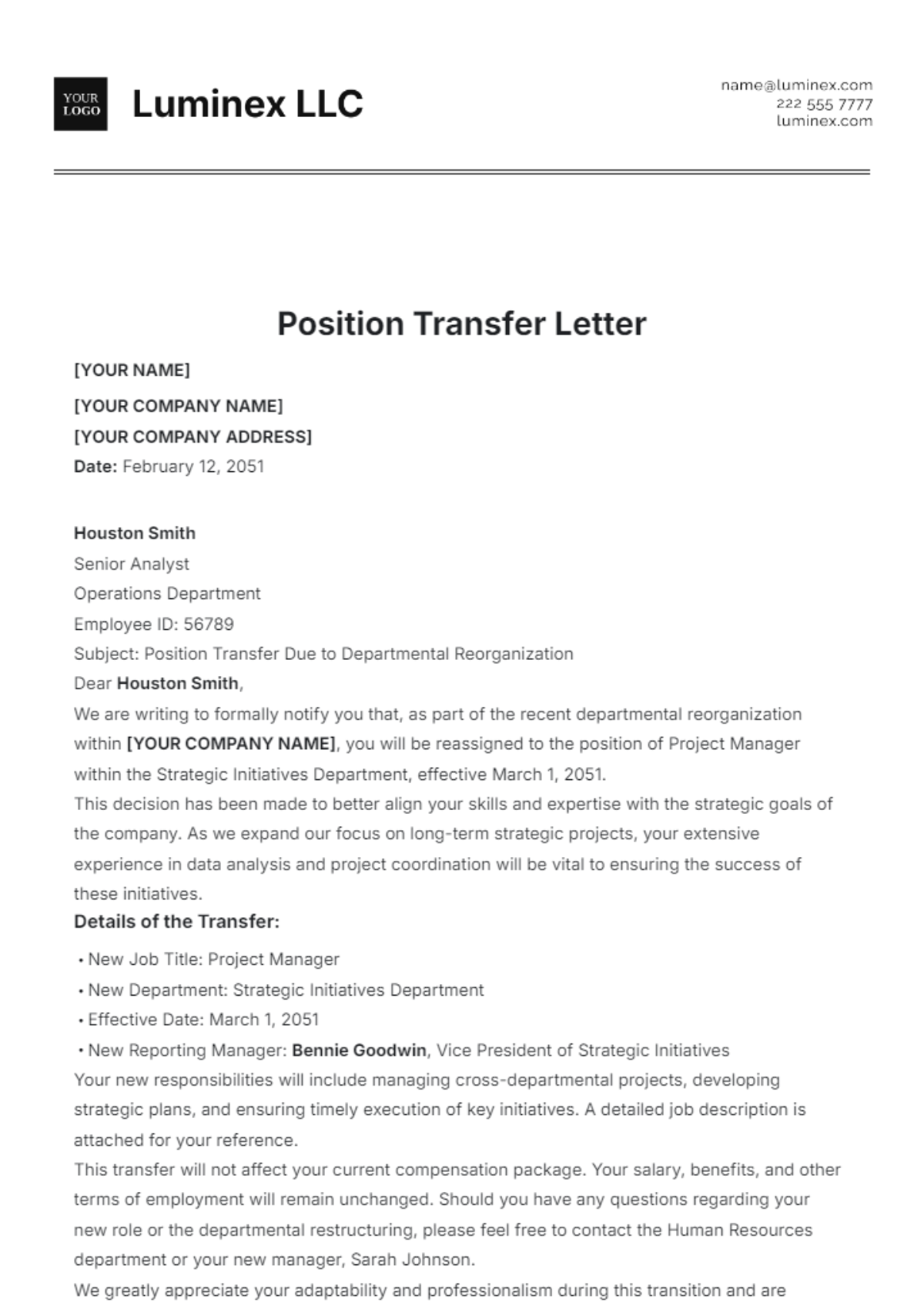 Position Transfer Letter Template