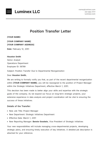 Free Position Transfer Letter Template to Edit Online
