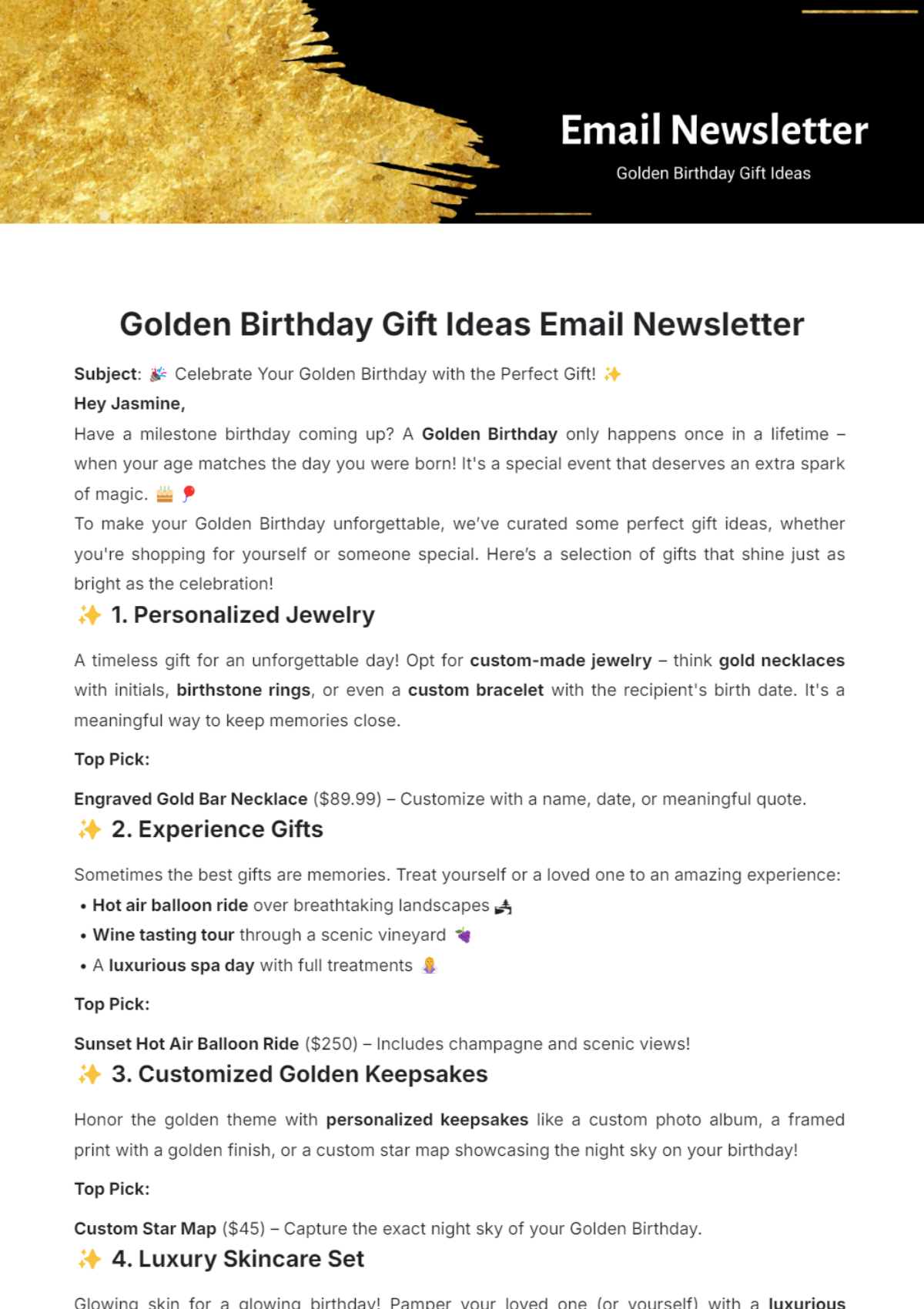 Golden Birthday Gift Ideas Email Newsletter Template - Edit Online & Download