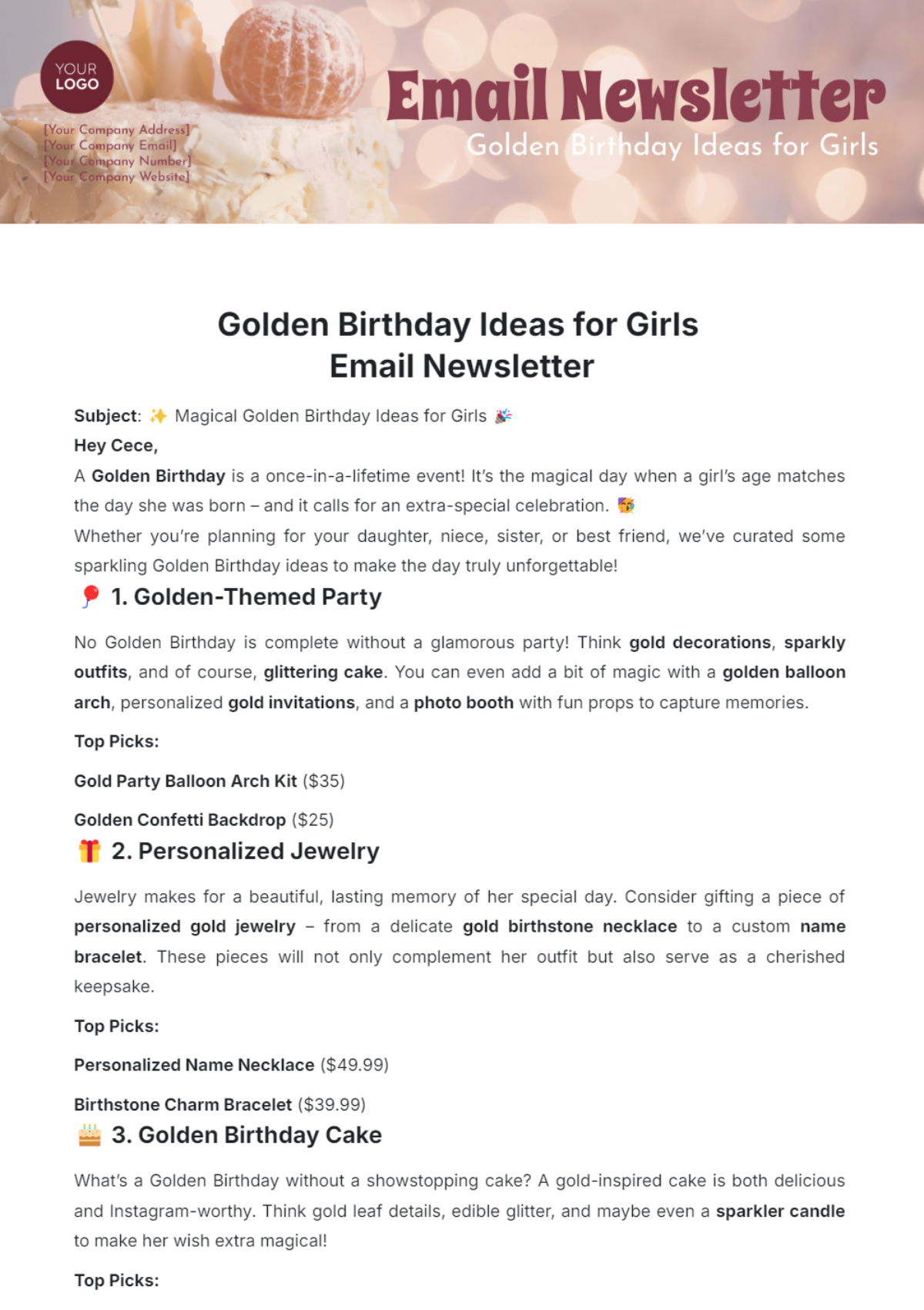 Golden Birthday Ideas for Girls Email Newsletter Template - Edit Online & Download