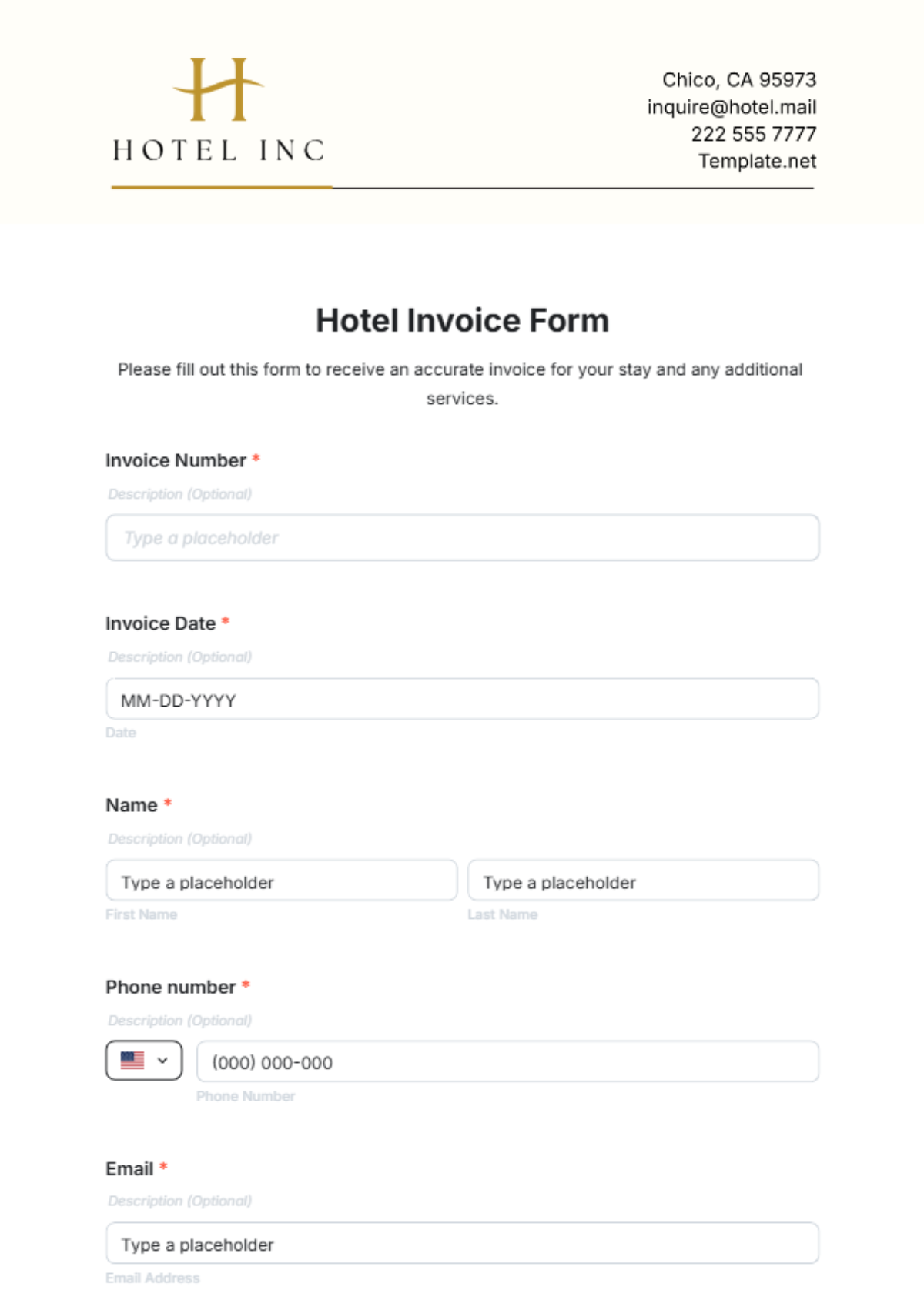 Hotel Invoice Form Template - Edit Online & Download