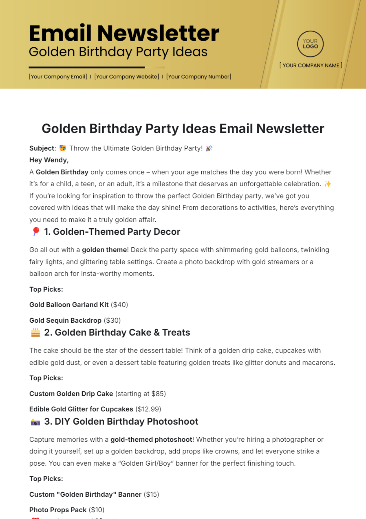 Golden Birthday Party Ideas Email Newsletter Template - Edit Online & Download