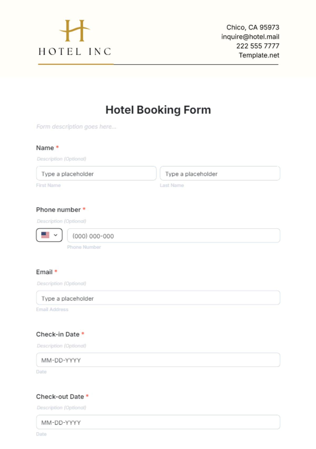 Hotel Booking Form Template - Edit Online & Download