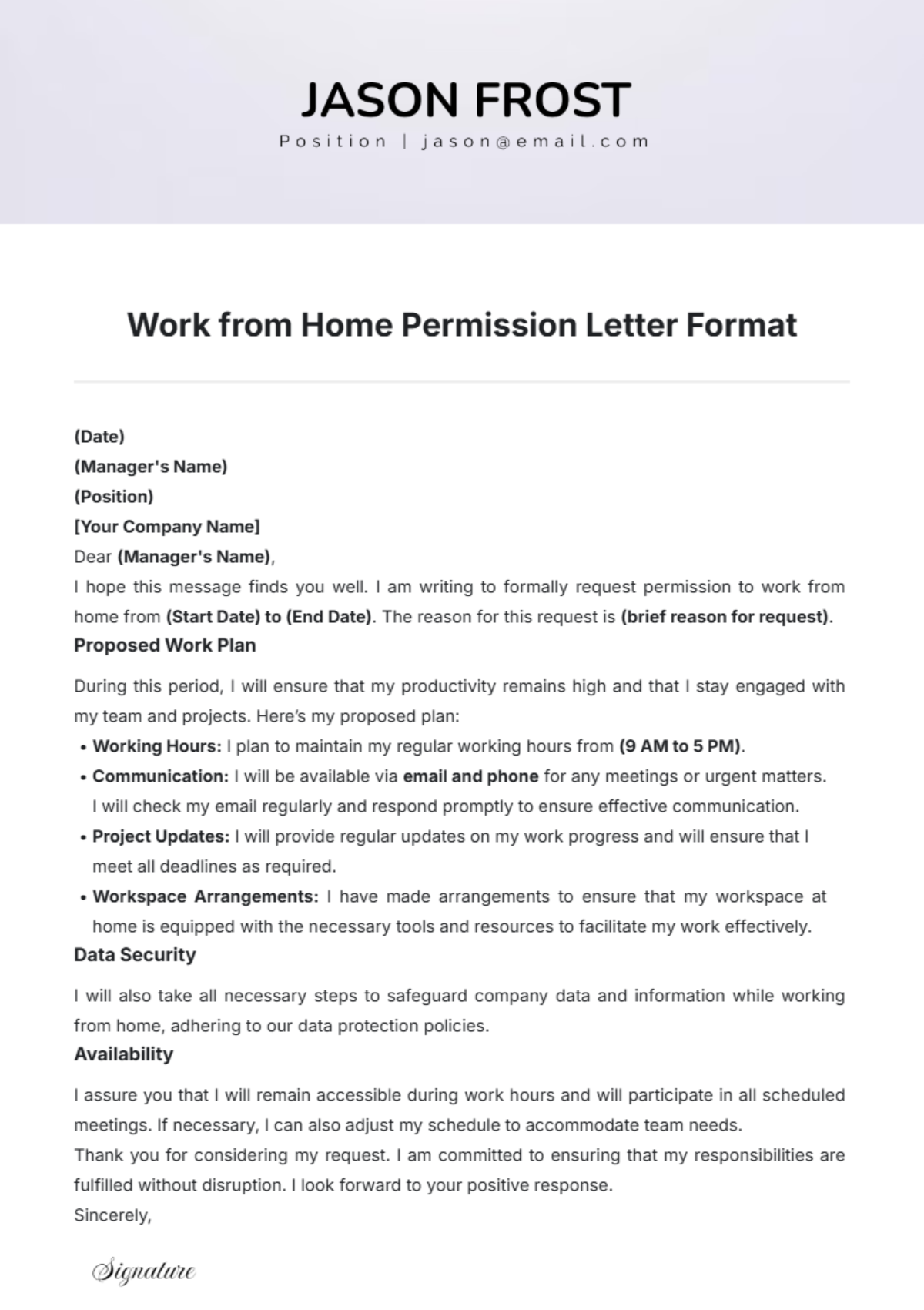 Work from Home Permission Letter Format Template