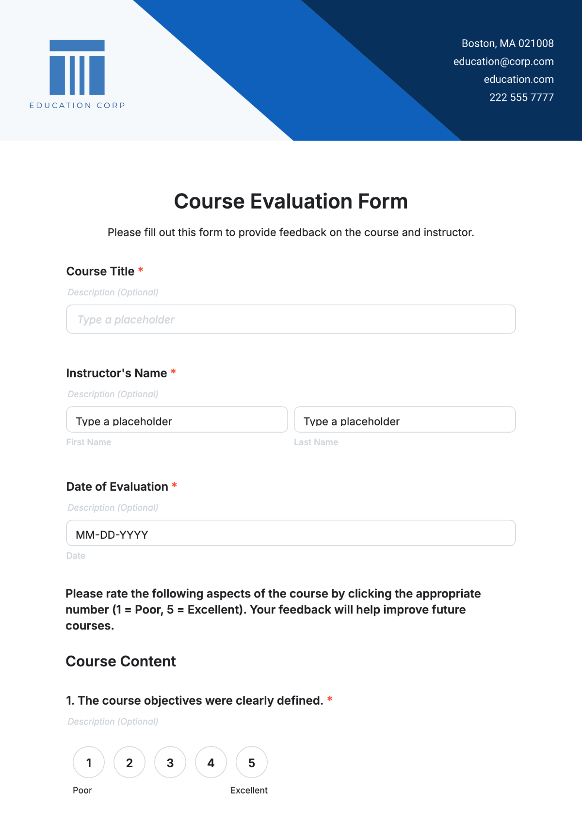 Course Evaluation Form Template - Edit Online & Download