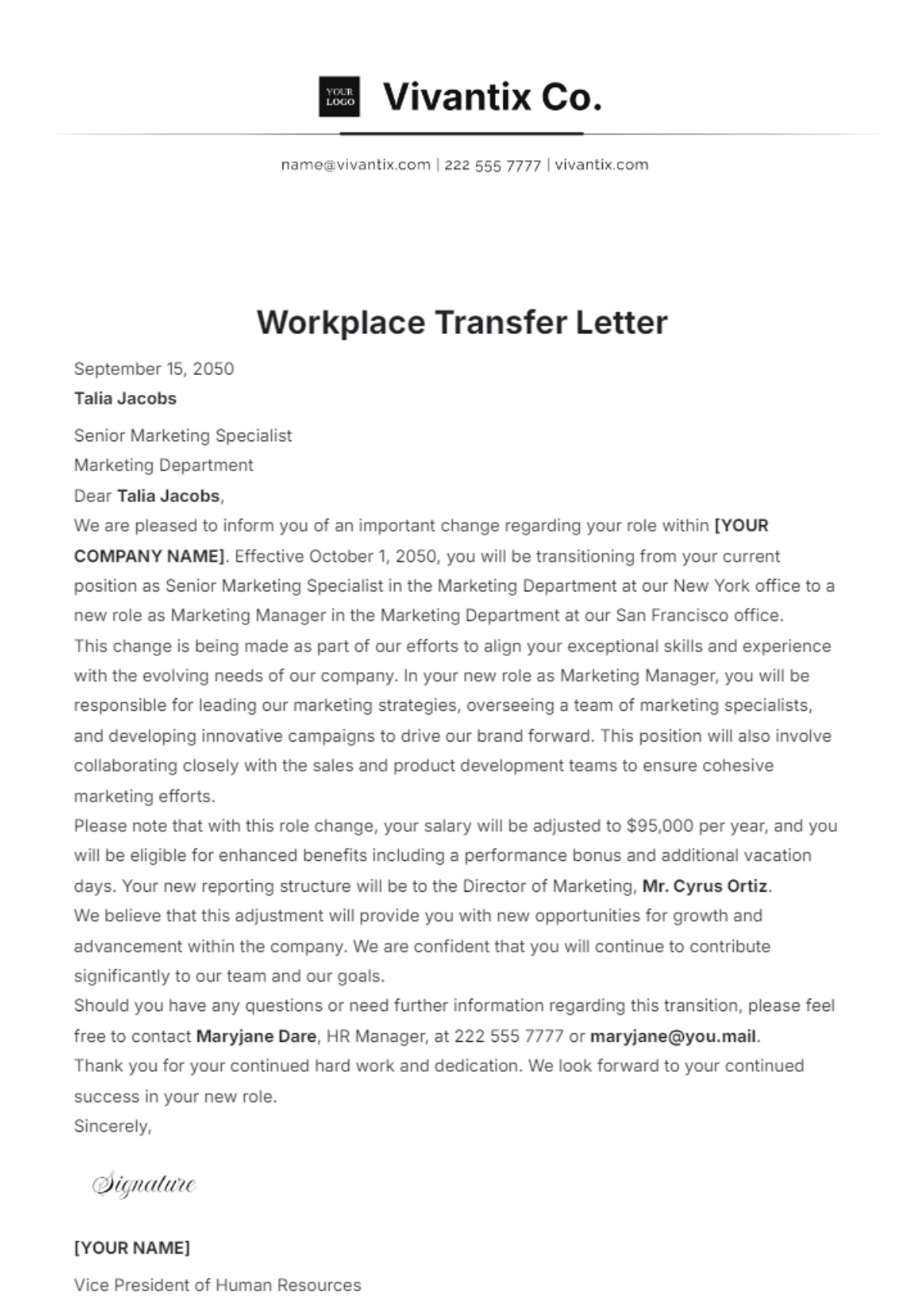 Workplace Transfer Letter Template