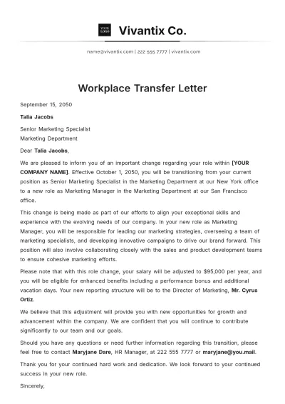 Free Workplace Transfer Letter Template to Edit Online