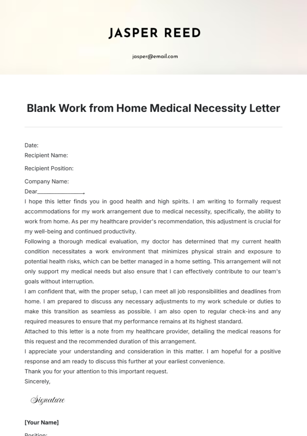 Blank Work from Home Medical Necessity Letter Template