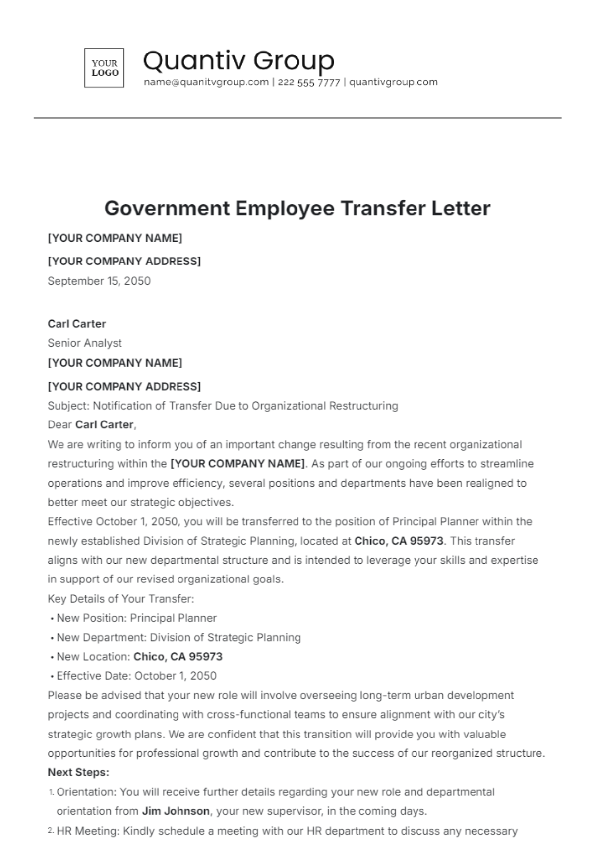 Government Employee Transfer Letter Template