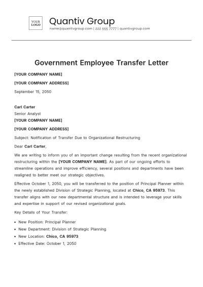 Free Government Employee Transfer Letter Template to Edit Online