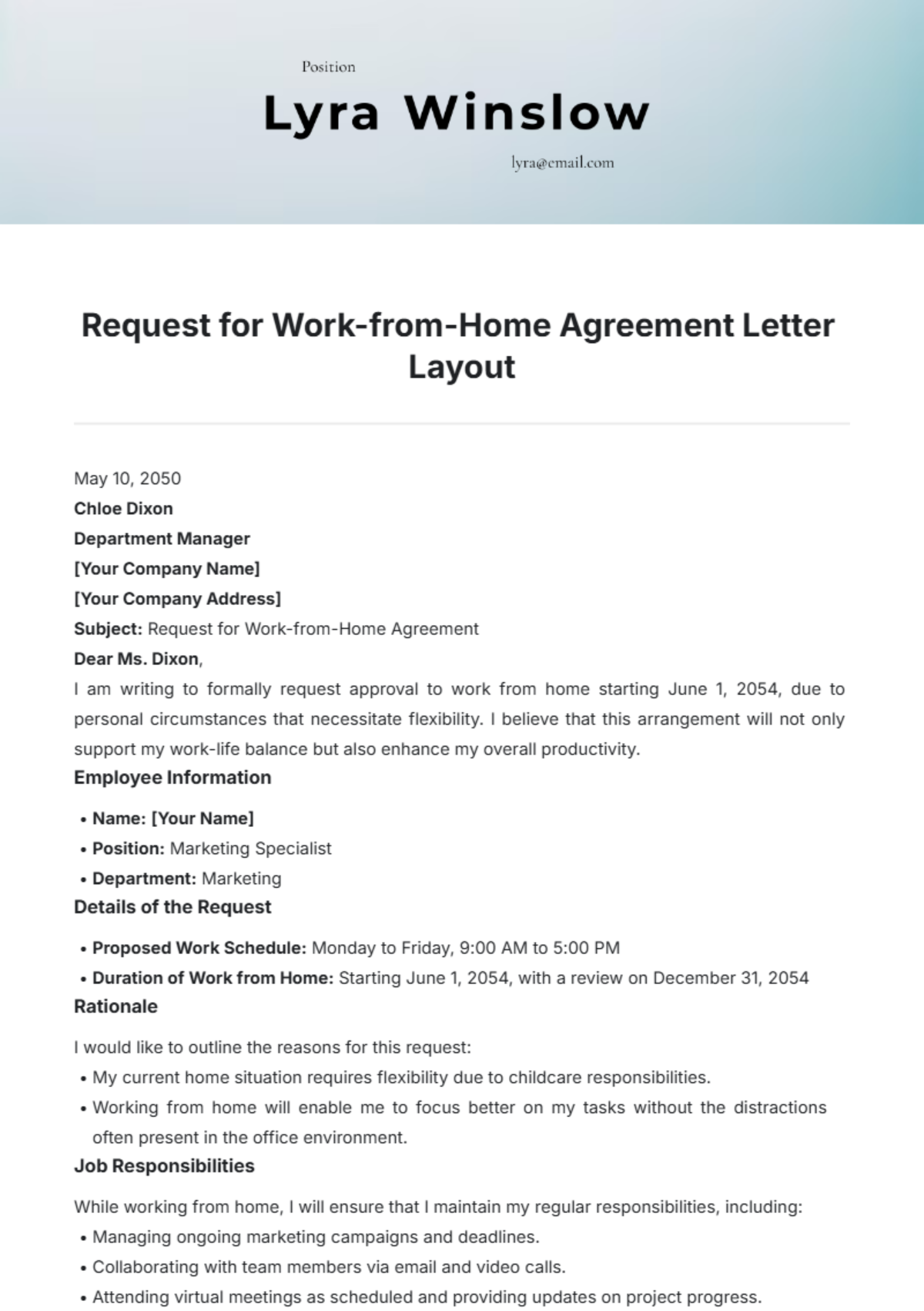 Request for Work from Home Agreement Letter Layout Template