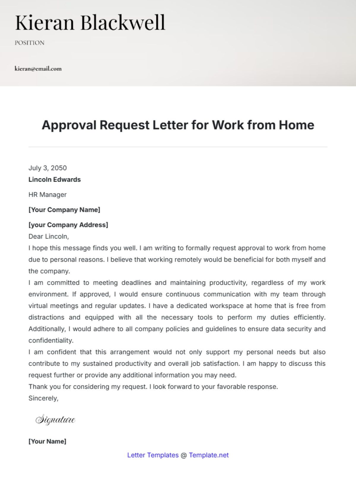 Approval Request Letter for Work from Home Template