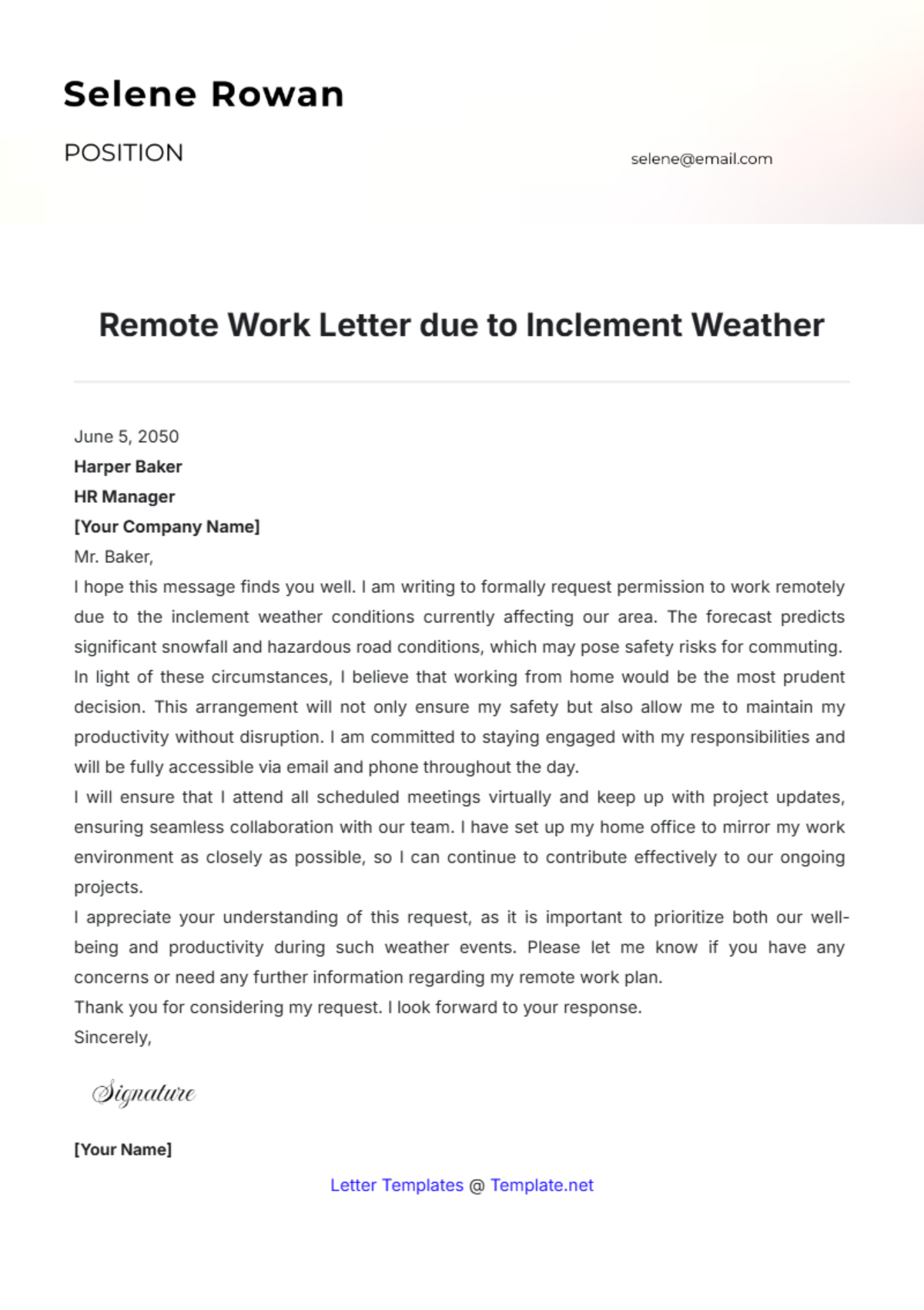 Remote Work Letter due to Inclement Weather Template