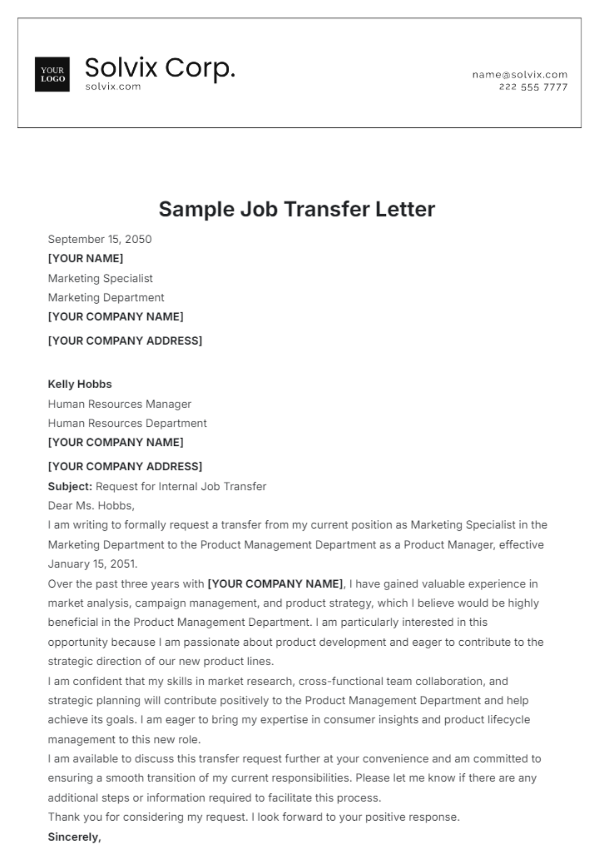 Sample Job Transfer Letter Template