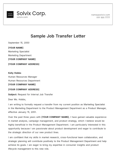 Free Sample Job Transfer Letter Template to Edit Online